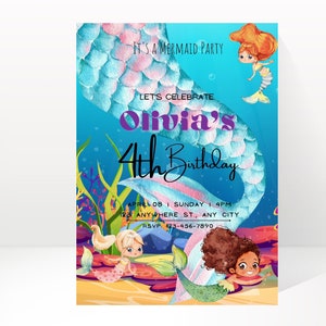 Sous l'invitation d'anniversaire de mer, téléchargement numérique de partie de sirène, fête de piscine de thème d'Ariel, invitation de célébration de petite sirène