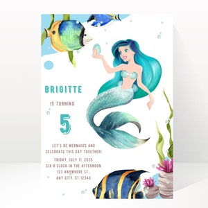 Sous l'invitation d'anniversaire de mer, téléchargement numérique de partie de sirène, fête de piscine de thème d'Ariel, invitation de célébration de petite sirène