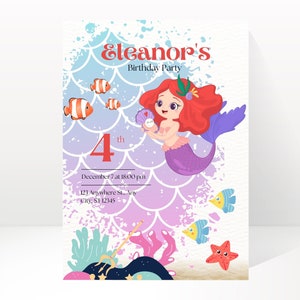 Sous l'invitation d'anniversaire de mer, téléchargement numérique de partie de sirène, fête de piscine de thème d'Ariel, invitation de célébration de petite sirène