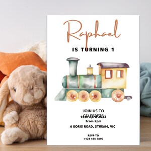 Train Birthaday Party Invitation,Editable Boy Blue Train Birthday Party Invite,Train First Birthday Party Invitation, Watercolor Invitation
