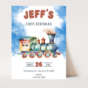 Train Birthaday Party Invitation,Editable Boy Blue Train Birthday Party Invite,Train First Birthday Party Invitation, Watercolor Invitation