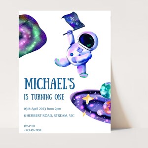 Editable Space Birthday Invitation First Trip Around The Sun Blue Gold Astronaut Galaxy Planets Outer Space Party Rocket Ship Digital