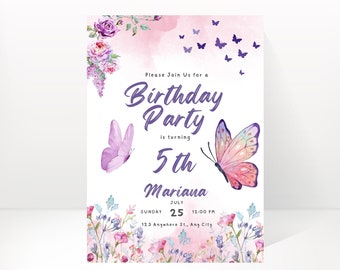 Editable Butterfly Birthday Invitation Butterfly Invitation Garden Floral Flowers Pink Gold Girl Download Printable Template ,Canva editable