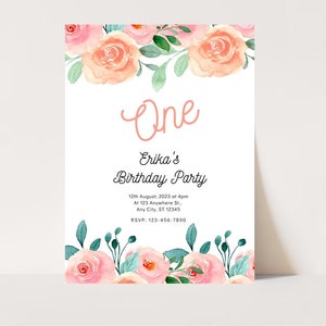 EDITABLE Blush Pink Floral Baby&#39;s First Birthday Party Invitation, Printable 1st Birthday Invite Template, Boho Girl, One Instant download