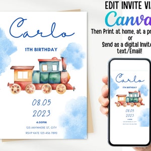 Train Birthaday Party Invitation,Editable Boy Blue Train Birthday Party Invite,Train First Birthday Party Invitation, Watercolor Invitation