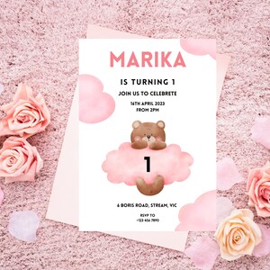Bear Birthday Invitation, Bear 1st Birthday Invite, Teddy Bear Invitation, Bear Birthday Party Invite, Printable Instant Download
