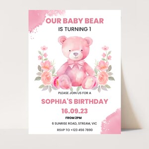 Bear Birthday Invitation, Bear 1st Birthday Invite, Teddy Bear Invitation, Bear Birthday Party Invite, Printable Instant Download