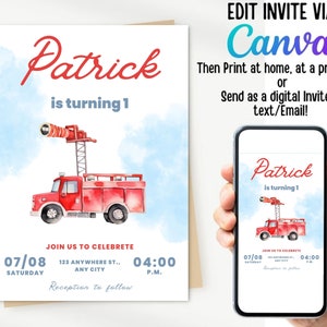 Editable Fire Truck Invitation,Fire Truck Birthday Invitation,Fire Truck Template Download, Digital File