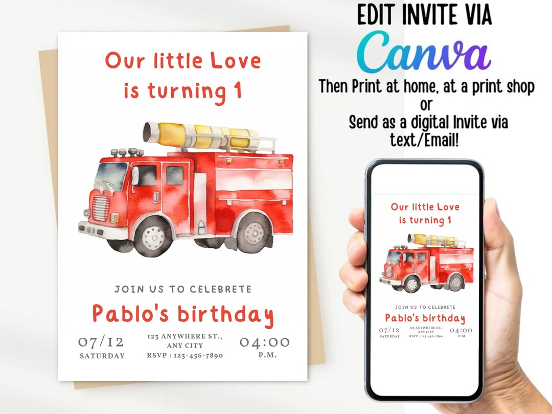 Editable Fire Truck Invitation,fire Truck Birthday Invitation,fire