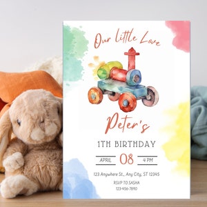 Train Birthaday Party Invitation,Editable Boy Blue Train Birthday Party Invite,Train First Birthday Party Invitation, Watercolor Invitation