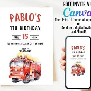 Firetruck Invitation, Fire truck Birthday Invitation, Firetruck Invitation, Editable Fire truck invitation, Printable Invitation