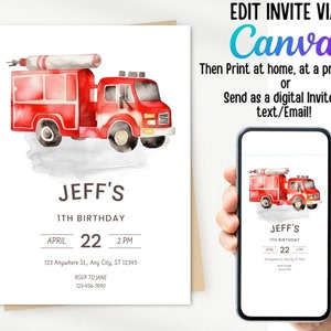 Editable Fire Truck Invitation,Fire Truck Birthday Invitation,Fire Truck Template Download, Digital File