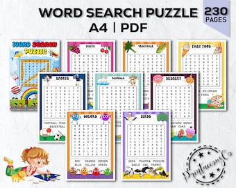 Op de afbeelding: Een set van 10 printbare woordzoekpuzzels voor kinderen. Elke puzzel heeft een ander thema, zoals sport, dieren, kleuren en eten. De puzzels zijn ontworpen voor kinderen van 4 tot 8 jaar en zijn een leuke manier om woordenschat en spelling te verbeteren.