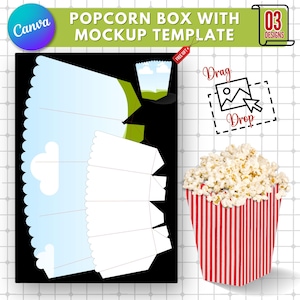 Szablon pudełka na popcorn |Edytowalny + drukowalny szablon Canva |Niestandardowe opakowanie pudełka na przekąski |Projekt pudełka na popcorn DIY |Spersonalizowane opakowanie na popcorn