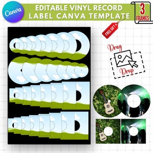 May include: A Canva template for editable vinyl record labels is shown. The design includes various sizes of vinyl records and sleeves, with a green and blue landscape design. The text reads "EDITABLE VINYL RECORD LABEL CANVA TEMPLATE".