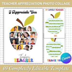 May include: A teacher appreciation photo collage template with an apple shape filled with student photos. The words "I Appreciate You" and "Thank You Teacher" are displayed. Two additional apple-shaped cards say "My Lovely Teacher" and "Thank You".
