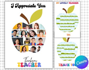 Teacher Appreciation Photo Collage Template: Apple Shaped DIY Gift (Canva Editable, Printable Digital Download