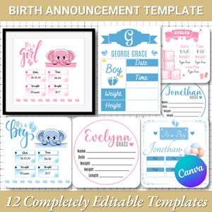 Birth Announcement Template |Editable + Printable Canva Template |Custom Newborn Welcome Card |Personalized Birth Stats Invitation Card