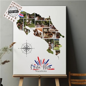 Modèle de cadre modifiable en toile de carte du Costa Rica | Collage de photos de carte de pays personnalisé | Carte personnalisée bricolage | Collage de photos de famille | Cadeau d'anniversaire