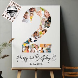 Bearbeitbare Geburtstagszahl 2 Canva Fotocollagenvorlage | Foto Meilenstein Zeichen | Personalisiertes Geburtstagsgeschenk Fotoposter zum 2.Geburtstag