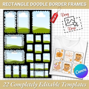 May include: A collection of rectangle doodle border frames with a landscape design, and a white t-shirt with fall-themed graphics. The image includes the text "RECTANGLE DOODLE BORDER FRAMES" and "22 Completely Editable Templates". A red tag says "FREE GIFT".