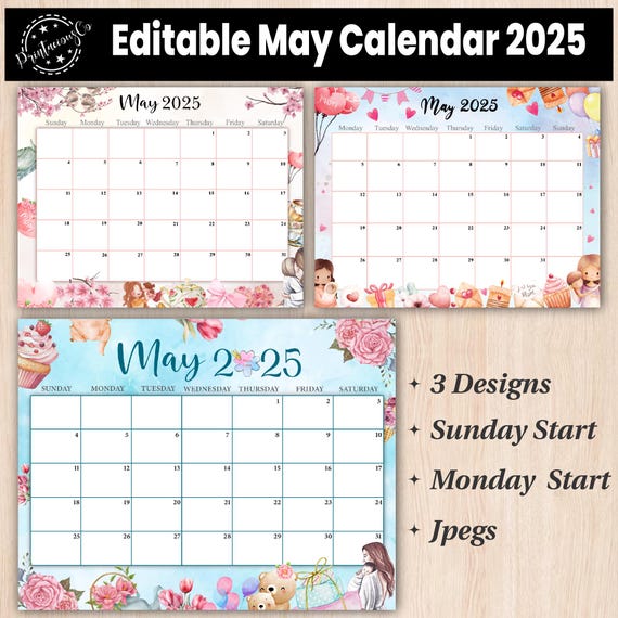 Editable may 2025 calendar: printable monthly planner (digital ...