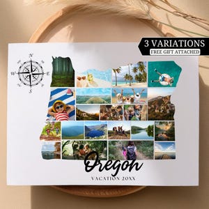 May include: A white rectangular print featuring a collage of Oregon vacation photos, shaped like the state. Includes a compass rose and the words "Oregon VACATION 20XX". The top right corner reads "3 VARIATIONS FREE GIFT ATTACHED".