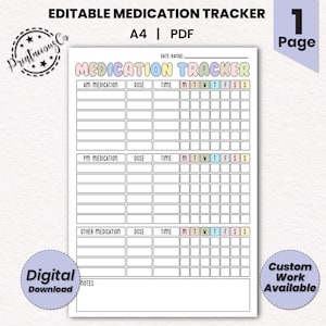Editable Medication Tracker | Medication Log | Fillable PDF  | Medication List | Health Tracker | Medicine and Supplement Tracking sheet