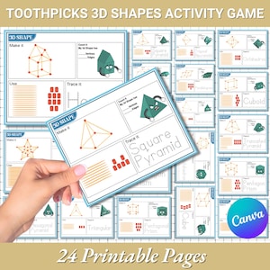 24 Palitos de Dente Formas 3D Jogo de Atividade para Crianças | Planilha de Aprendizagem para Crianças para Imprimir | Recurso de Aprendizagem do Currículo Pré-escolar | Atividade Divertida
