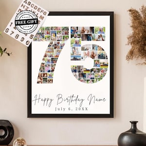 Op de afbeelding: Een zwart ingelijste fotocollage voor een 75e verjaardag met een witte achtergrond. Het nummer 75 is gemaakt van foto's. De tekst "Happy Birthday Name July 6, 20XX" staat onder het nummer.