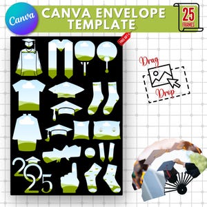 May include: A set of 25 graduation themed frames for Canva. The frames feature a variety of graduation-related images, including caps, gowns, diplomas, and more. The frames are designed to be used in Canva to create custom graduation invitations, announcements, and other materials.