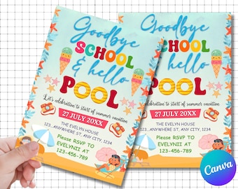 Goodbye School Hello Pool Party Invitation: Editable Summer Invite (Canva Template)