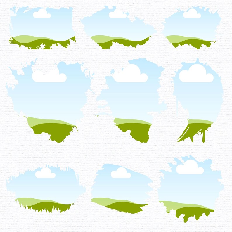 May include: Nine abstract watercolor-style illustrations of a simple landscape with a green hill, blue sky, and white cloud. The illustrations are in a variety of shapes and sizes, and they are all set against a white background.