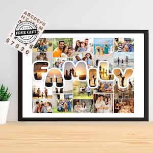 Pode incluir: Uma colagem de fotos com moldura preta com a palavra "FAMILY" em letras grandes. As letras são preenchidas com fotos de família. Inclui um presente grátis de molduras de alfabeto e números.