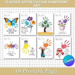Könnte beinhalten: Acht druckbare Seiten mit Handabdruck-Kunstdesigns für die Wertschätzung von Lehrern. Jede Seite zeigt ein anderes Design, darunter ein Schmetterling, eine Blume, ein Baum, eine Glühbirne, eine Vase mit Blumen und ein Herz. Die Seiten sind so konzipiert, dass sie ausgedruckt und als eine lustige und kreative Möglichkeit verwendet werden können, Lehrern Wertschätzung zu zeigen.