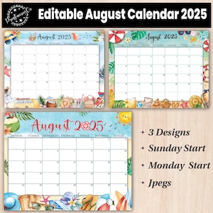 Editable August 2025 Calendar | Printable Wall Calendar 2025 | Fillable Monthly Planner | Sunday & Monday Start | Kids Calendar 2025