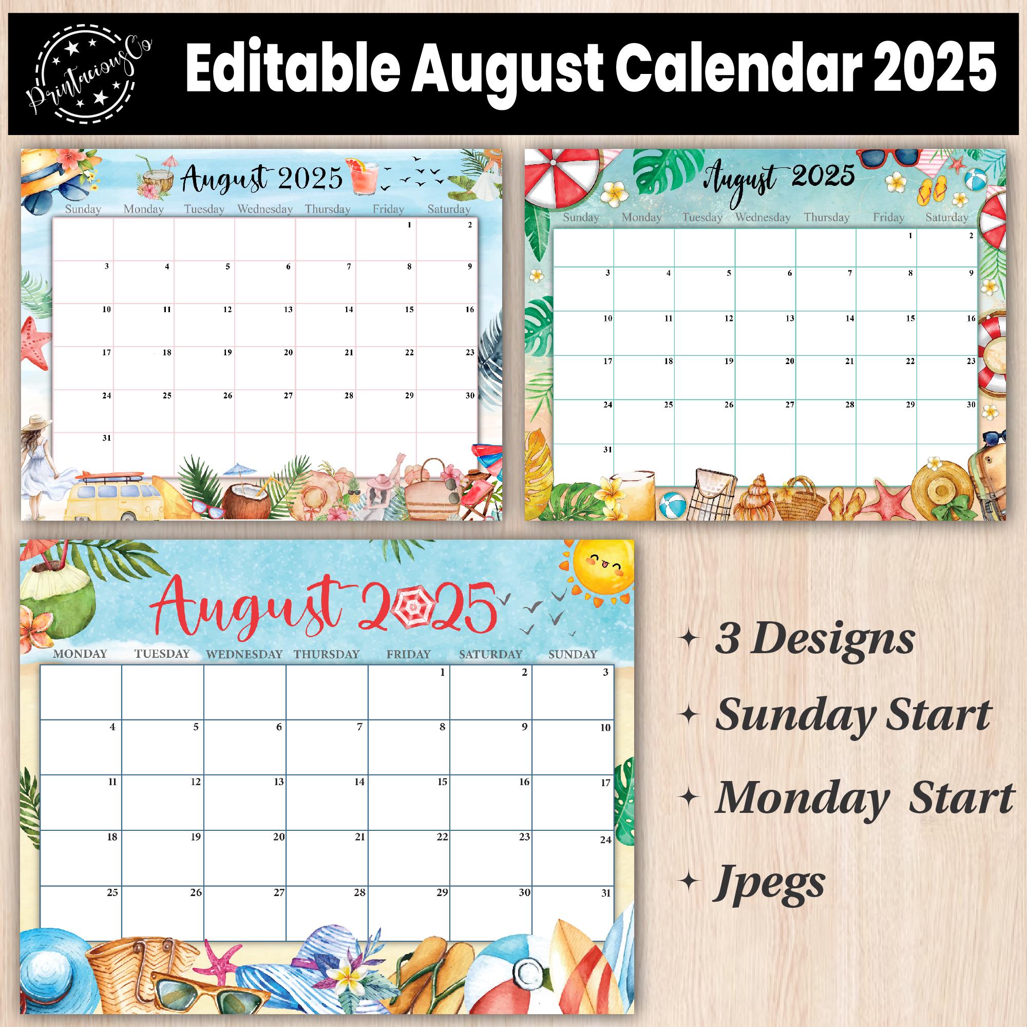 Editable august 2025 calendar printable wall calendar 2025 fillable monthly  planner sunday & monday start kids calendar 2025 - etsy