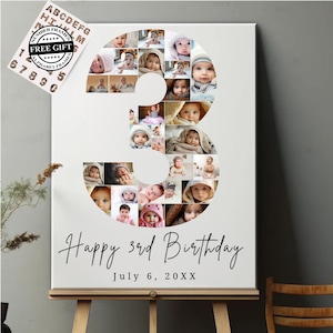 de collage de photos pour le 3e anniversaire | Modèle photo modifiable pour le 3e anniversaire | Numéro 3 | Cadeau pour 3e anniversaire | Plaque marquant l'étape marquante avec photo du 3e anniversaire