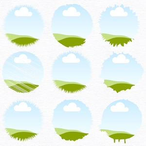 May include: Nine different designs of green hills and blue skies with white clouds in a circle shape. The circles have a rough, textured edge.