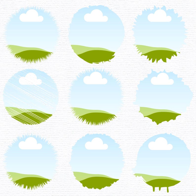 May include: Nine different designs of green hills and blue skies with white clouds in a circle shape. The circles have a rough, textured edge.