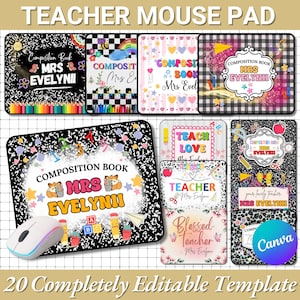 Op de afbeelding: Een verzameling muismatten met een thema voor leraren met verschillende ontwerpen, waaronder omslagen van schriften, regenbogen en bloemelementen. De pads bevatten de tekst "Mrs. Evelyn" en andere leerkrachtgerelateerde afbeeldingen. Er is ook een computermuis te zien.