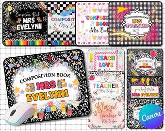May include: A collection of teacher-themed mouse pads with various designs, including composition book covers, rainbows, and floral elements. The pads feature the text "Mrs. Evelyn" and other teacher-related graphics. The image also includes a computer mouse.