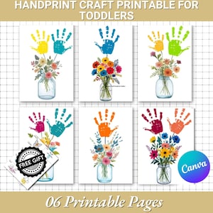 Könnte beinhalten: Sechs druckbare Seiten mit Handabdruck-Blumenbastelarbeiten für Kleinkinder. Jede Seite zeigt eine andere Farbkombination von Handabdrücken und Blumen in einem Einmachglas.