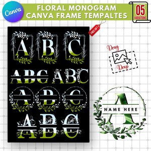May include: A set of 5 floral monogram Canva frame templates with 5 variations. The templates feature a green leafy wreath with a white or green letter in the center. The letters are A, B, and C. The templates are perfect for creating personalized designs for invitations, cards, and other projects.