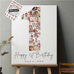 Anpassbare Geburtstag Zahl 1 Foto-Collage | Druckbare Canva Frames Vorlagen | Personalisiertes erstes Geburtstagsgeschenk | Foto Poster Vorlage