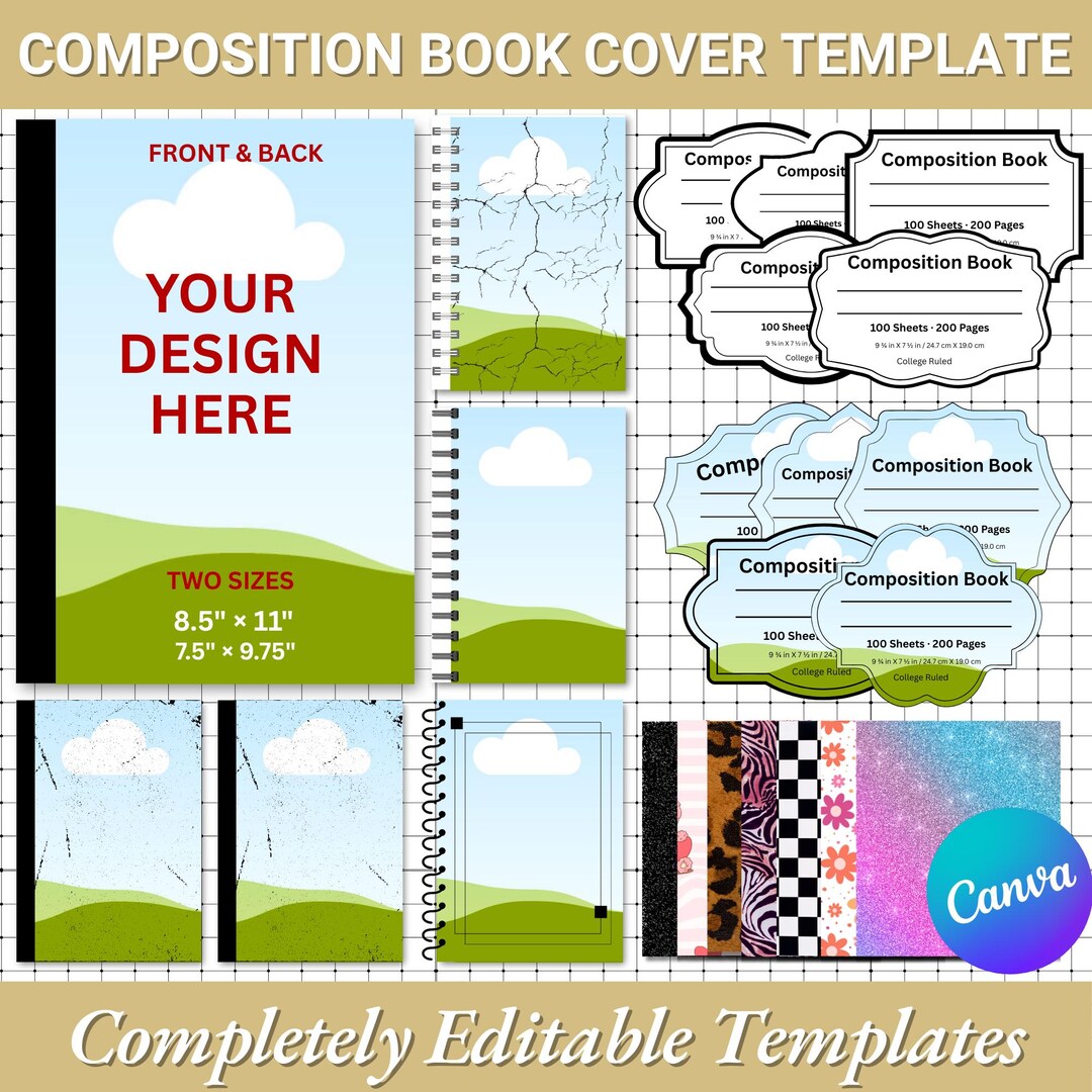 Composition Book Cover Template Bundle: Editable Canva Design (digital ...