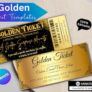 Elegante goldene Ticketvorlage | Bearbeitbare + druckbare Canva-Vorlage | Benutzerdefiniertes goldenes Ticket für Geburtstag | Gestalten Sie Ihr eigenes Überraschungsticket