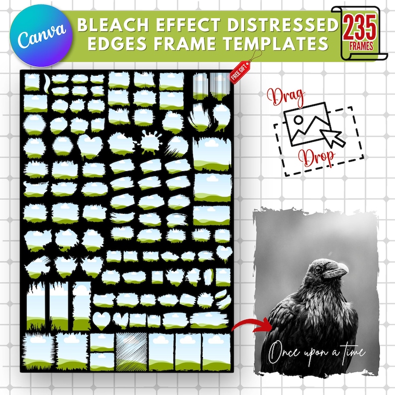 May include: A set of 235 black and white distressed edges frame templates. The frames are in various shapes and sizes, including circles, squares, rectangles, and hearts. The frames are designed to be used as overlays for photos or other images, creating a vintage or grunge look. The text "Drag Drop" is included in the image.