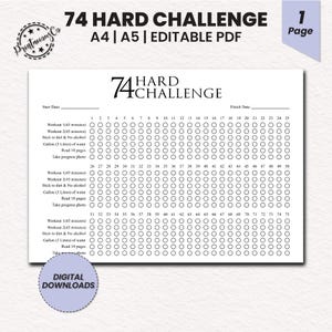 Editable 74 Challenge | 74 Tough Challenge Tracker | 74 Challenge Printable | 74 Day Challenge | Lifestyle Challenge|Tough Challenge Journal