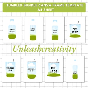 May include: A set of eight printable Canva frame templates for tumblers and cups. The templates feature a green grassy hill and a blue sky with a white cloud. The text on the templates includes "Water Bottle", "Cup 10 oz", "Tumbler 15 oz", "Markerflo 12 oz", and "Cup 15 oz".